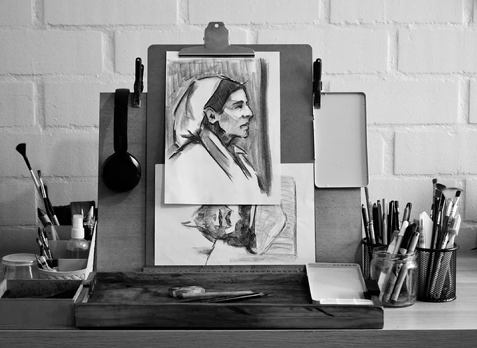 Un tablero de dibujo central muestra dos bocetos de retrato a carboncillo